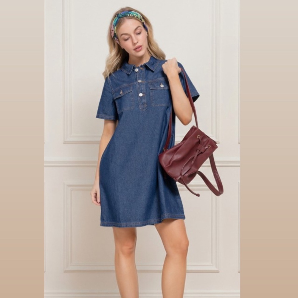Short Slv Mini Denim Shirt Dress